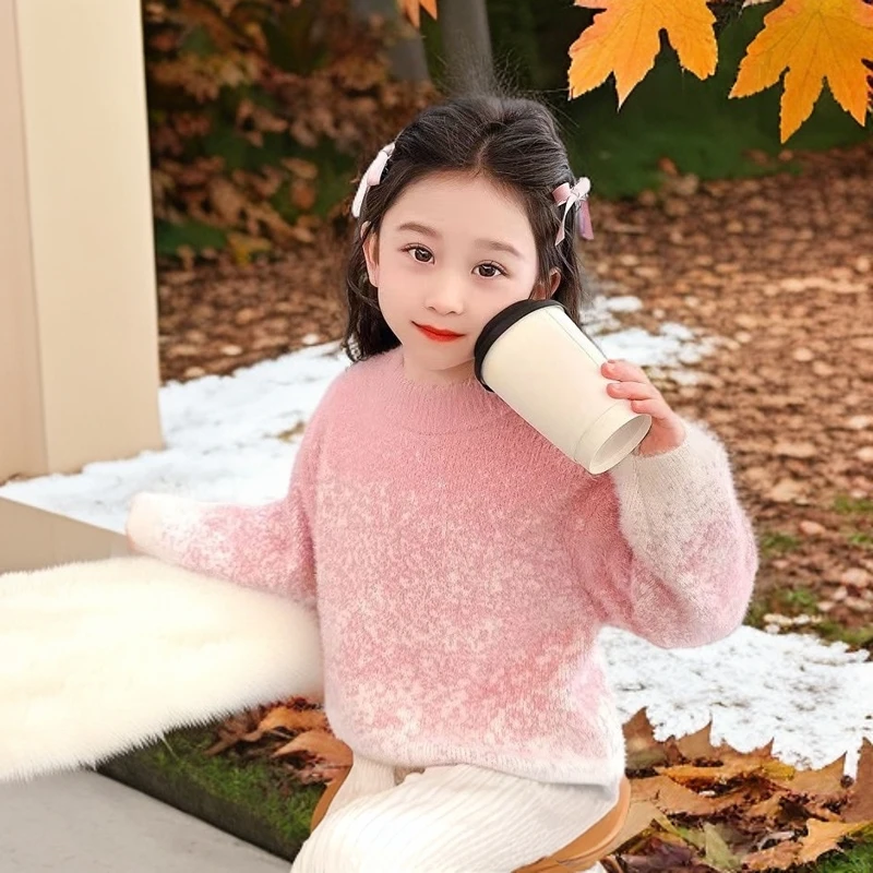 亲子款女款毛衣秋冬加厚洋气儿童针织打底衫女童毛衣  渐变亲子粉