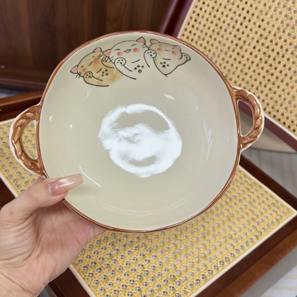 A106三只猫·釉下彩双耳碗家用新款手柄日式拉面碗螺蛳粉餐具