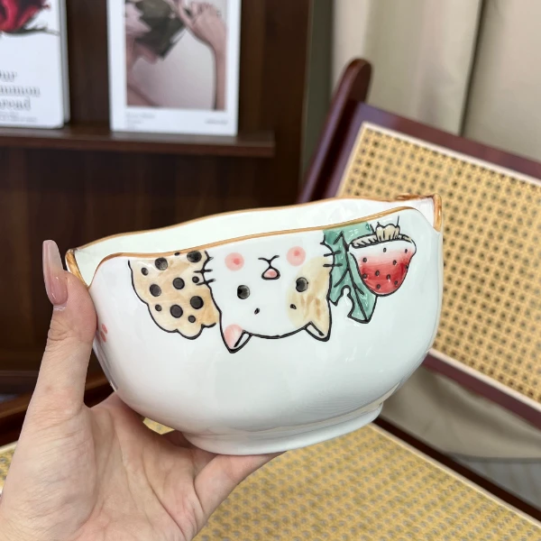 A107>7寸大面碗·蘑菇猫系列高温釉下彩汤面碗精致可爱手绘