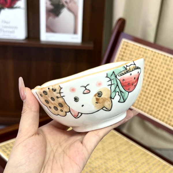 <秋日合>5寸折耳碗·蘑菇猫系列高温釉下彩汤面碗精致可爱饭碗手绘