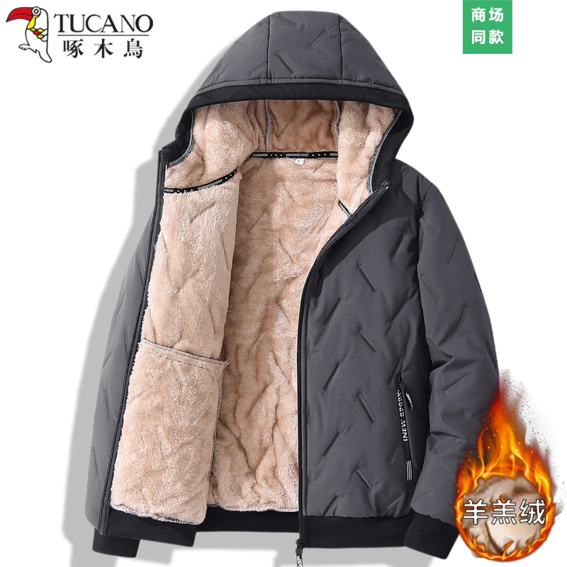 啄木鸟高档羊羔绒棉衣男士冬季加绒加厚保暖防寒户外大码连帽棉服