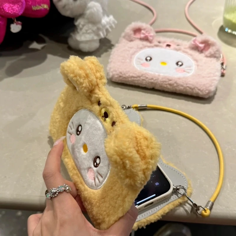 毛茸翻盖猫咪手提包适用iPhone15pro斜挎16promax秋冬14手机壳13