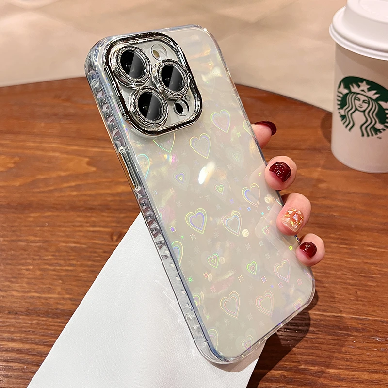 高级感镭射爱心闪粉镜头膜iphone15promax手机壳适用苹果14pro/13