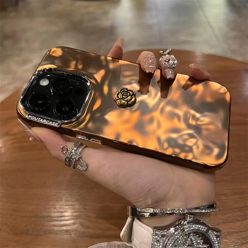 玫瑰金褶皱山茶花适用苹果15promax手机壳iphone14pro/13高级感12