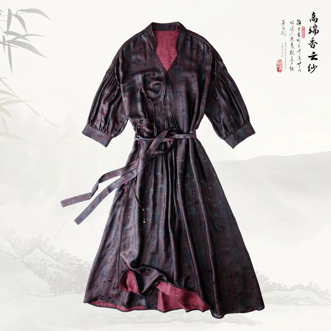 品牌新款桑蚕丝宽松V领中袖连衣裙419332