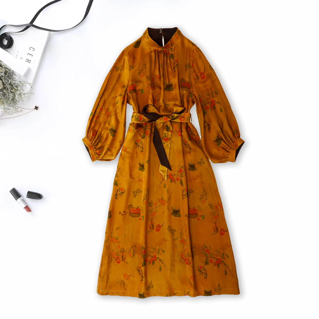 【柿柿如意】品牌新款香云纱新中式印花中袖圆领连衣裙436168