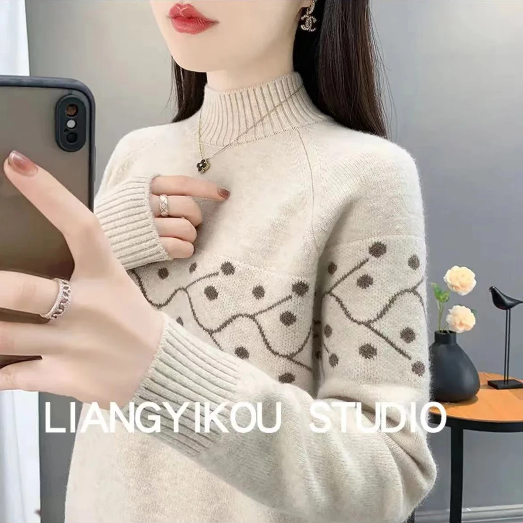 提花半高领毛衣女加厚打底衫秋冬新款时尚洋气宽松针织衫套头上衣