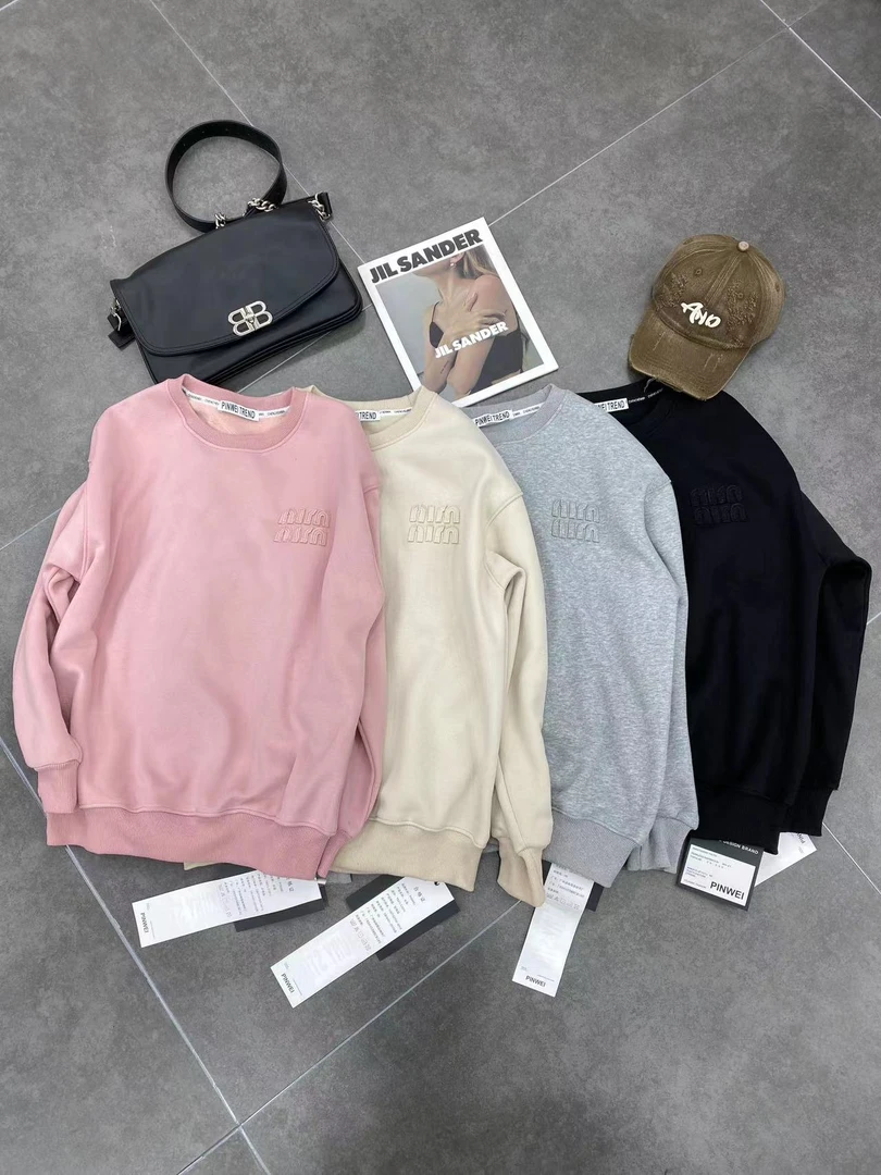 字母贴布刺绣圆领卫衣女秋冬2023新款宽松美式休闲慵懒风上衣加绒