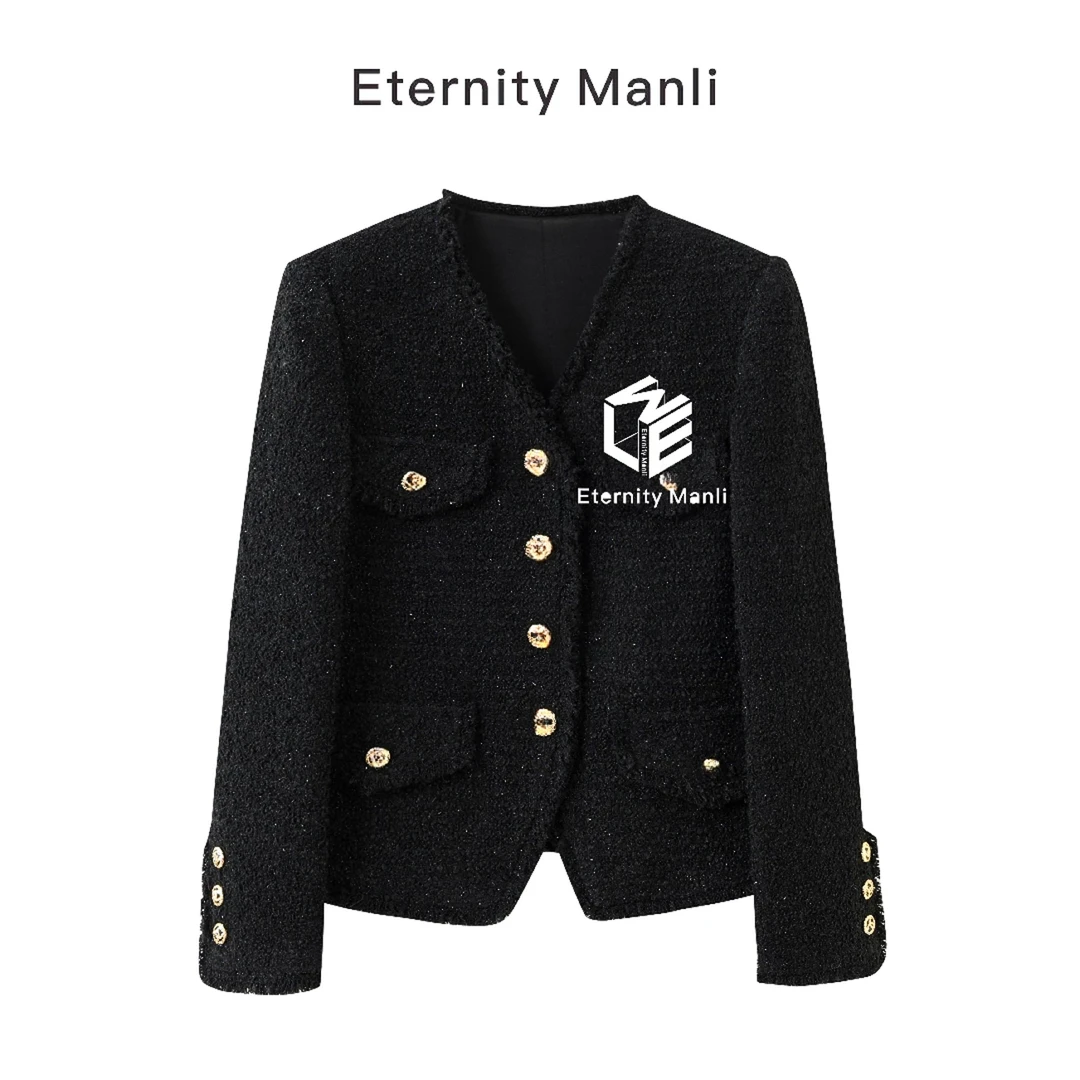 【黑闪】秋季粗花呢黑色气质时尚轻奢短款设计师上衣女外套7042