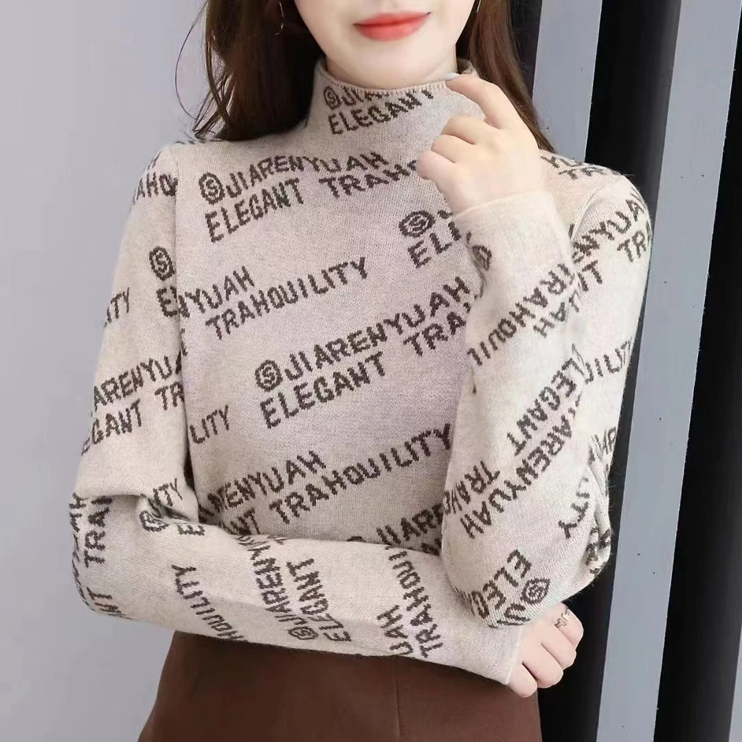 洋气字母半高领毛衣女爆款内搭秋冬时尚修身显瘦中领针织衫打底衫