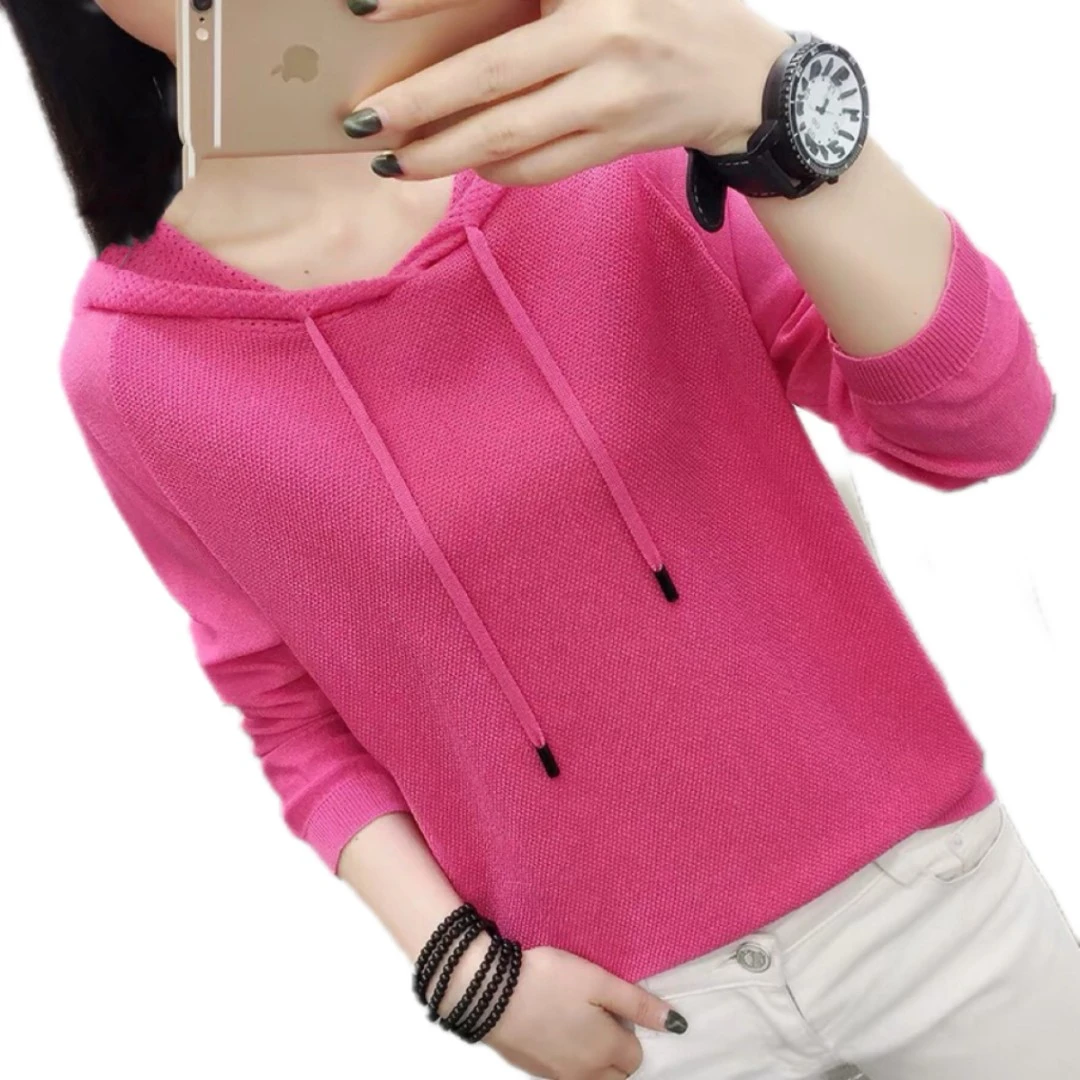 秋冬针织连帽套头毛衣女外套宽松打底衫内外穿搭春秋百搭卫衣长袖