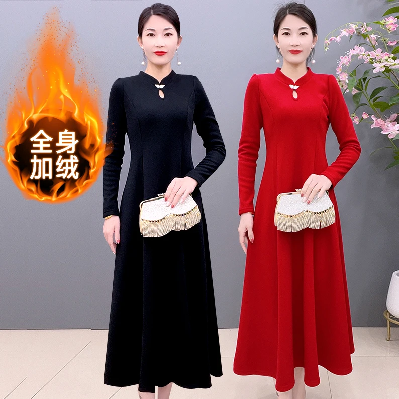 秋冬加绒加厚保暖连衣裙女大码修身显瘦裙子长款内搭底裙860