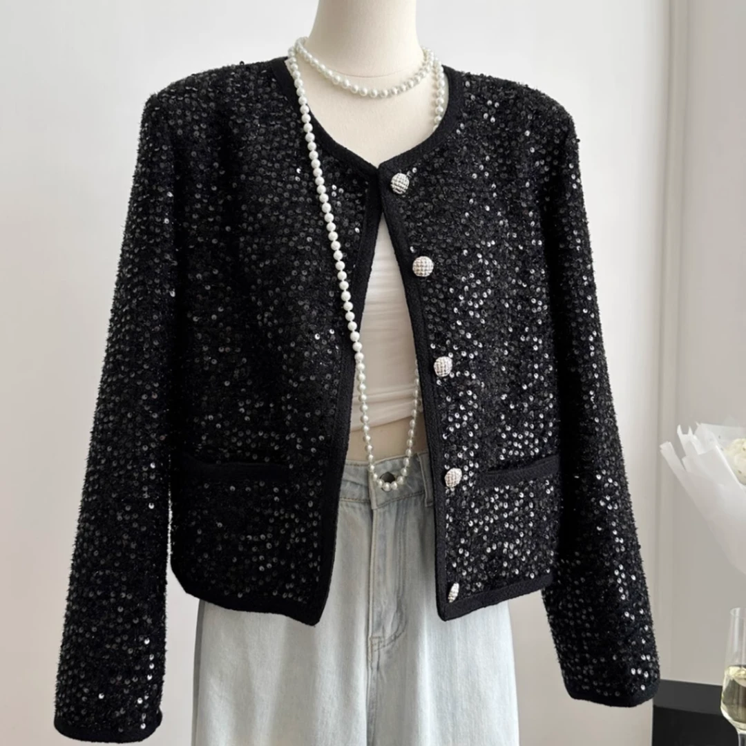 奕帛纺织黑色亮片小香风定制早秋新款气质名媛高级感亮片法式千金