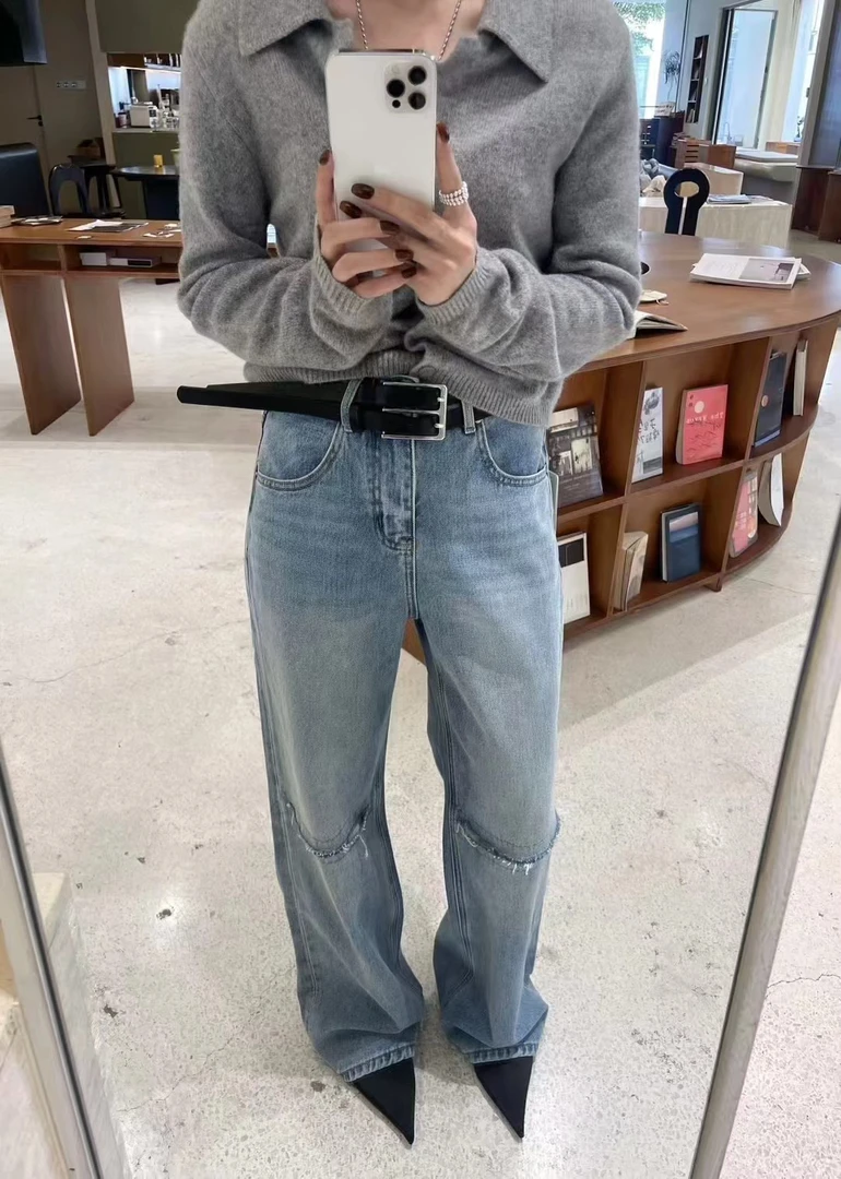 琦琦2024冬季拉绒破洞流浪阔腿裤