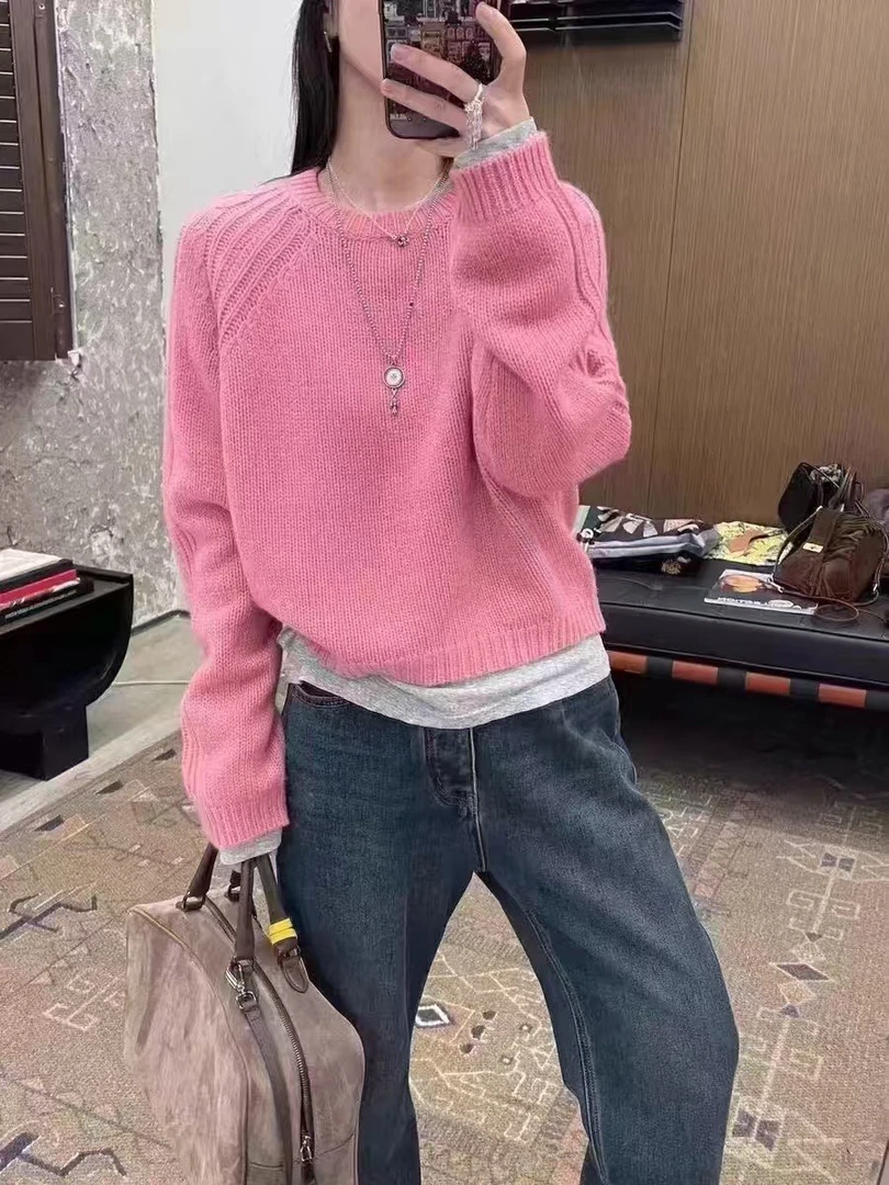 琦琦2024欧尼纯色套头圆领毛衣