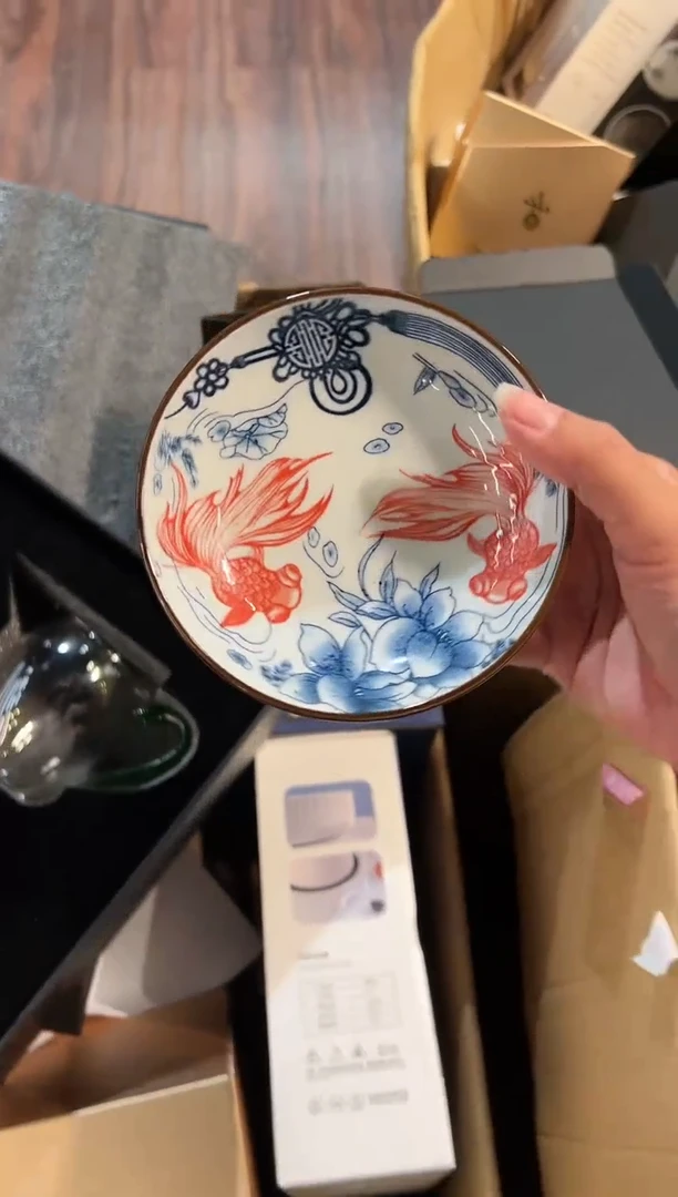 【闪购商品】玻璃茶盏青花果盘-红色锦鲤