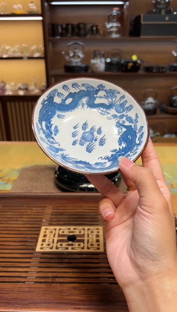 【闪购商品】玻璃茶盏青花果盘-双龙戏珠
