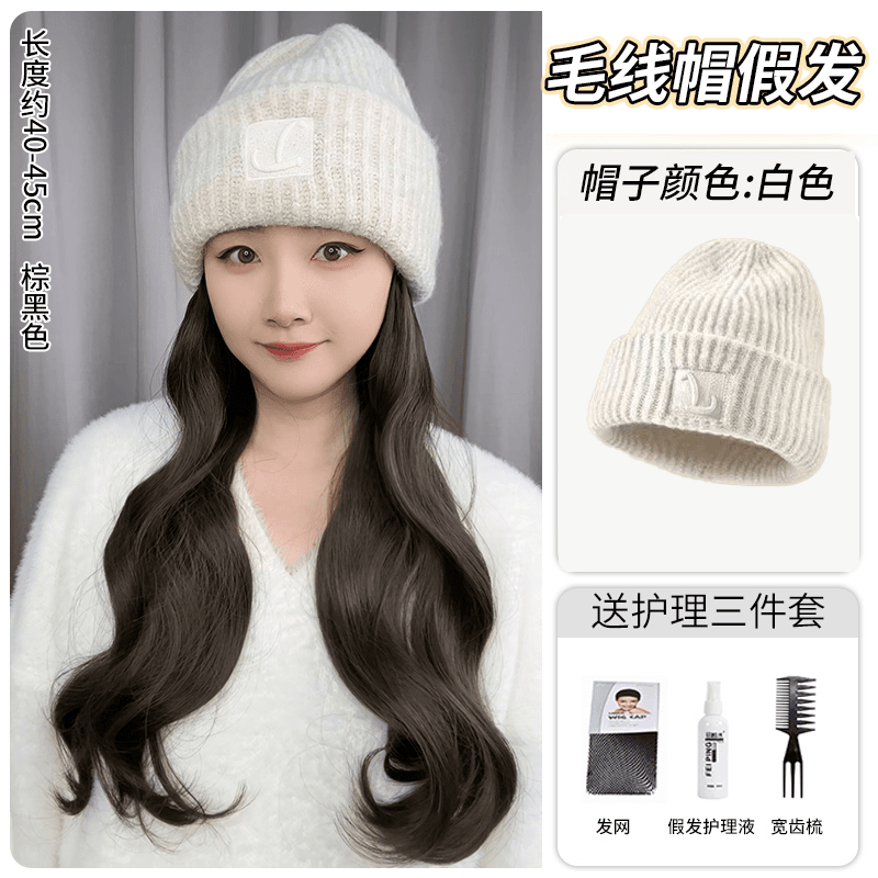 假发帽子一体时尚仿真发2023秋冬新款网红毛线针织帽假发女全头套
