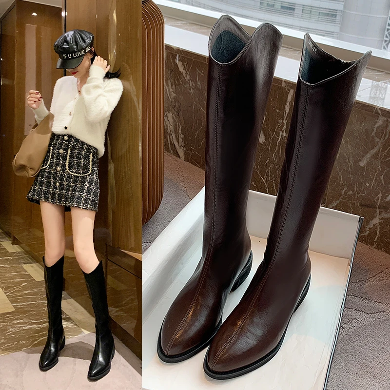 华芝运牛皮+纳帕皮长靴【腿围28-38CM】长筒靴小个子高筒粗跟708C