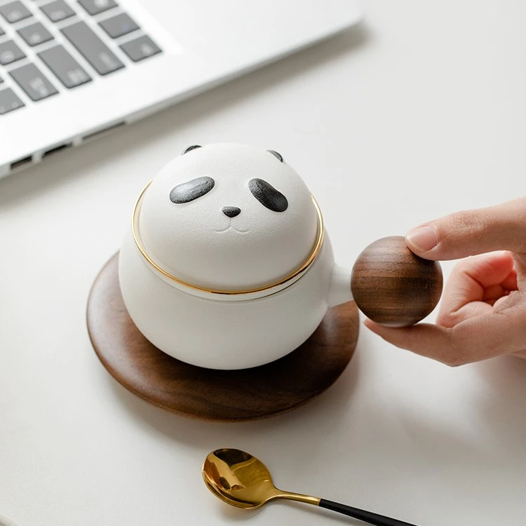 可爱熊猫杯创意泡茶杯带盖过滤陶瓷水杯办公室杯子茶水分离马克杯