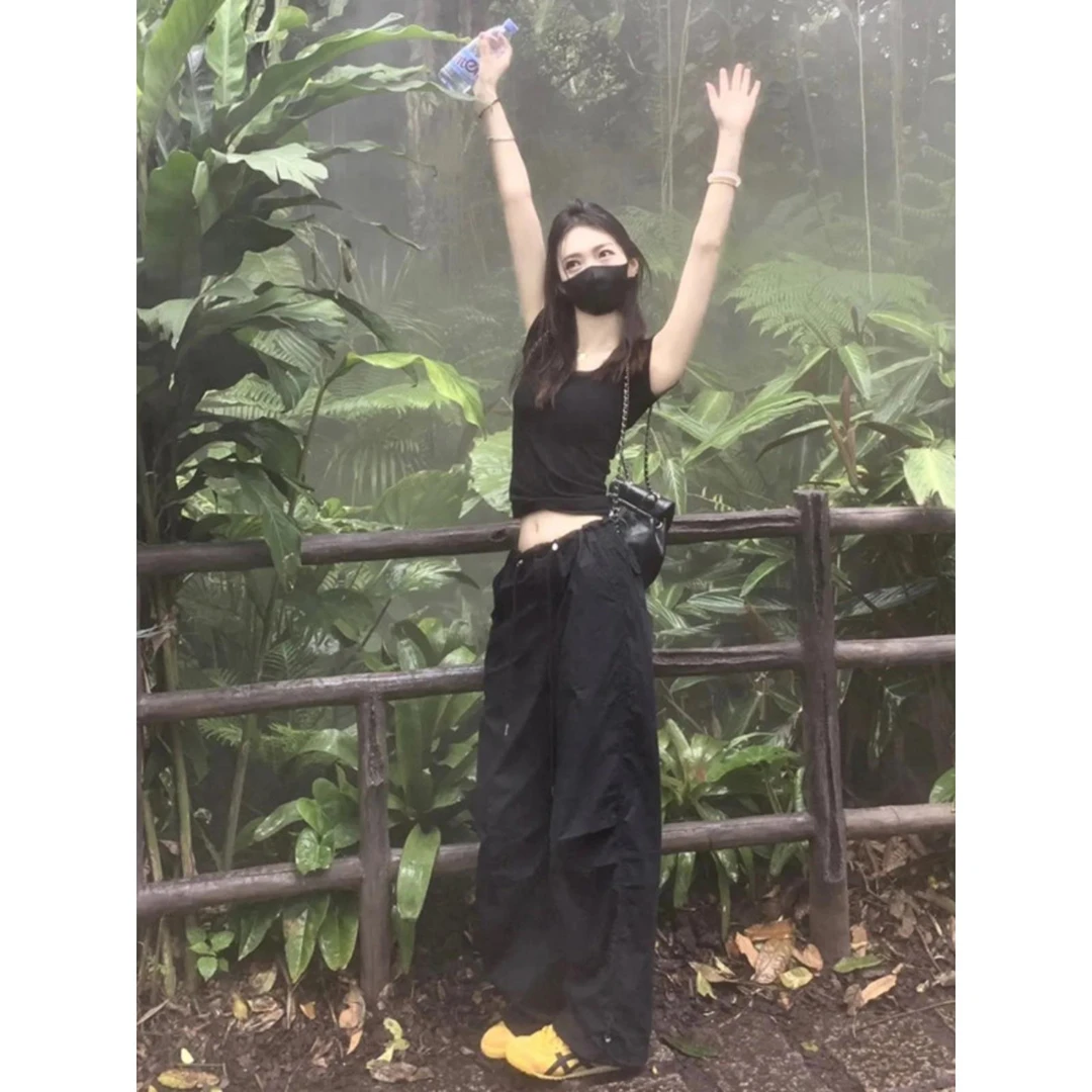 黑色休闲工装裤子女2024夏季新款宽松直筒降落伞裤高腰美式阔腿裤