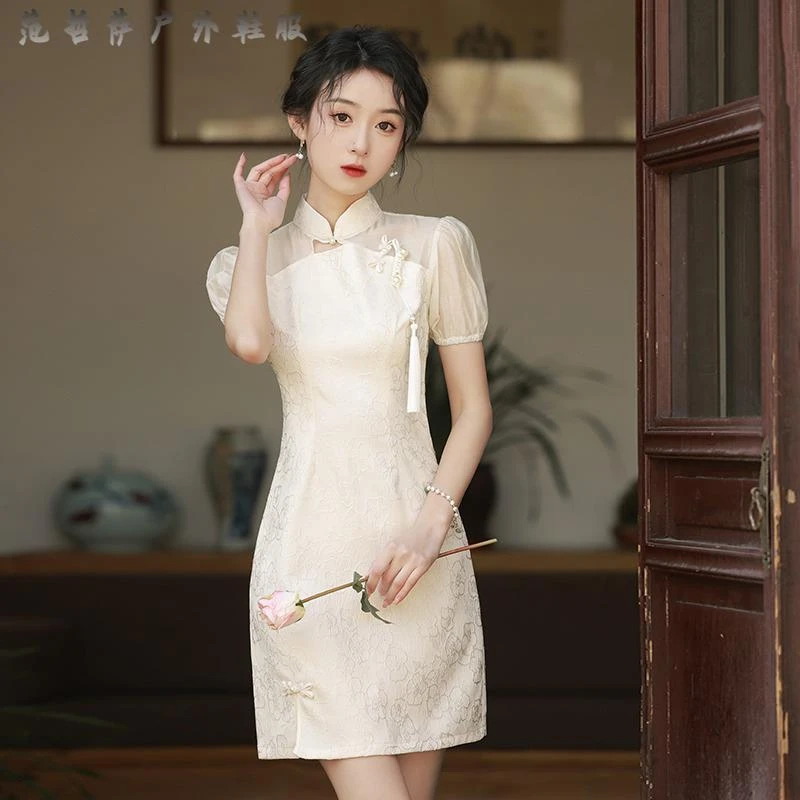 新中式短款旗袍新款2024夏季少女年轻款小个子收腰显瘦法式连衣裙