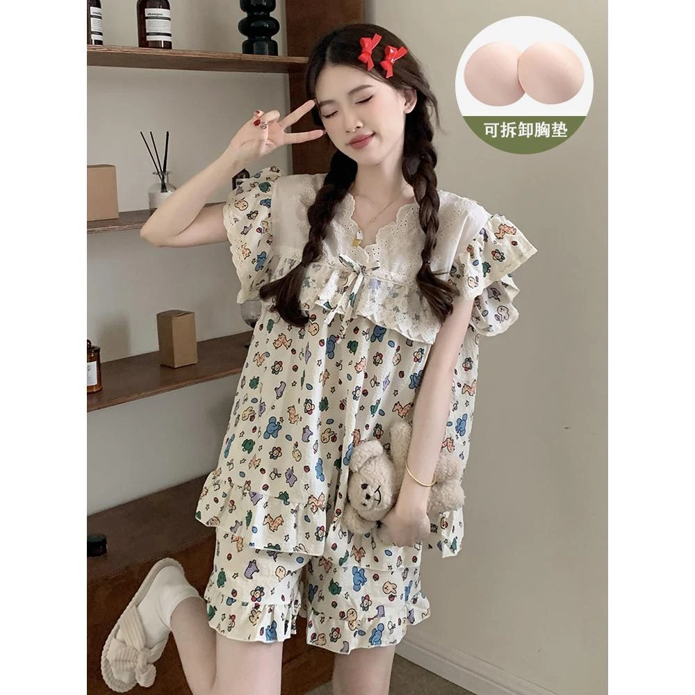 2024新款短袖睡衣女款夏季薄款带胸垫甜美网红风梭织棉夏天家居服