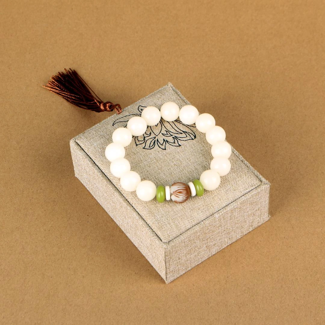 莲花白玉菩提根手串白玉菩提子莲花手串