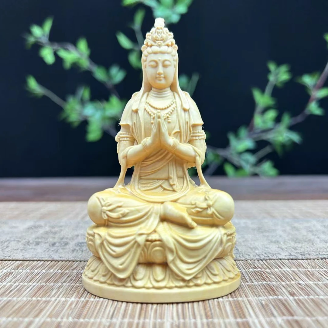 黄杨木雕刻坐莲合十观音菩萨车载中控人物佛像摆件家居寺庙工艺品
