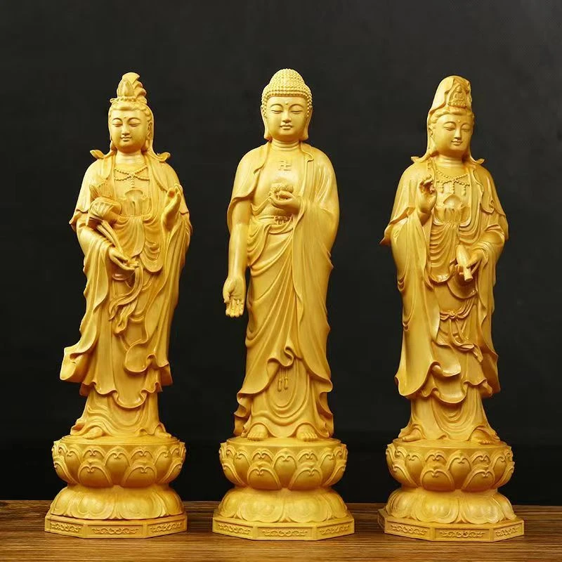 黄杨木雕西方三圣木制雕刻工艺品摆件阿弥陀佛观音大势至家居摆件
