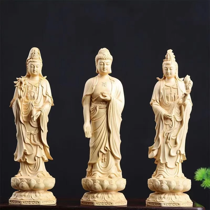 黄杨木雕西方三圣摆件阿弥陀佛滴水观音大势至菩萨木制雕刻摆件