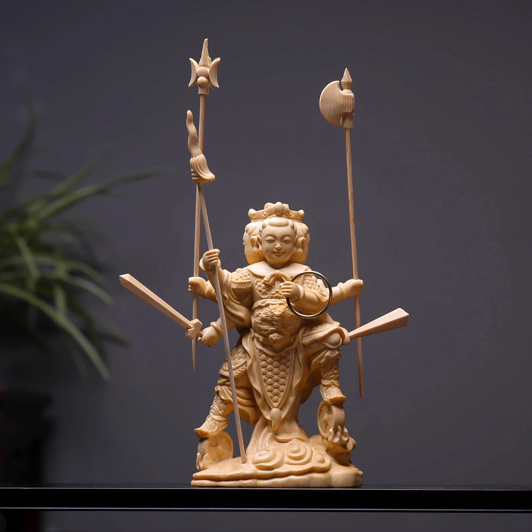 桧木精雕刻三头六臂哪吒中坛元帅三太子神像实木家居摆件工艺品