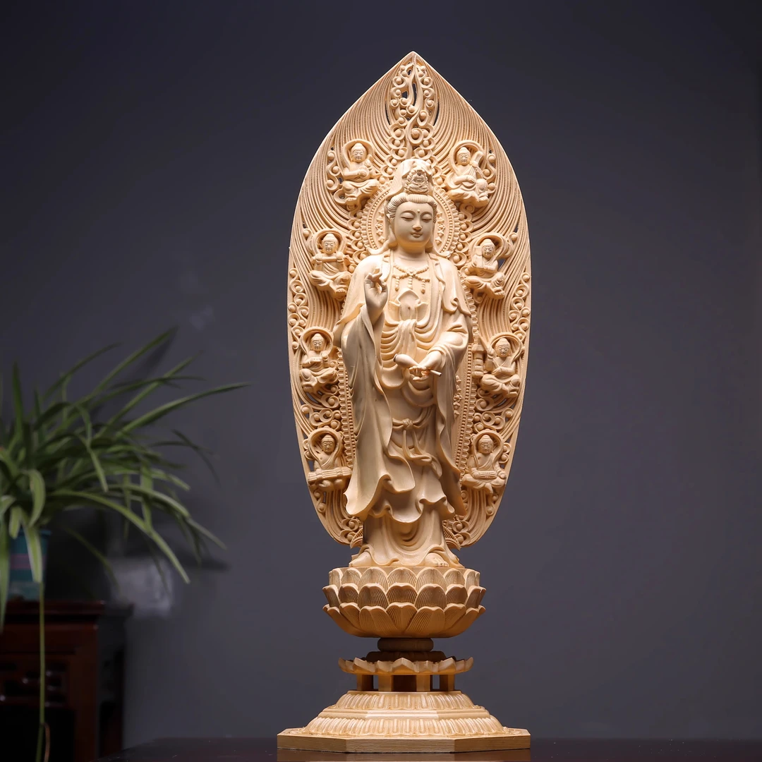 桧木雕净瓶观音西方三圣阿弥陀佛菩萨玄关神佛像家居装饰品大摆件