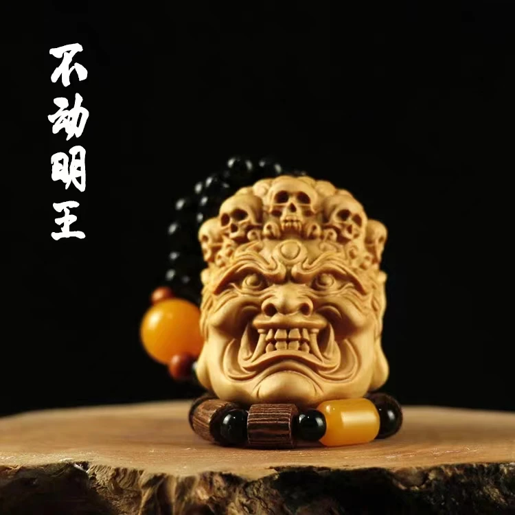 黄杨木雕不动明王手把件佛头把玩件木制雕刻工艺品挂件守护神把件