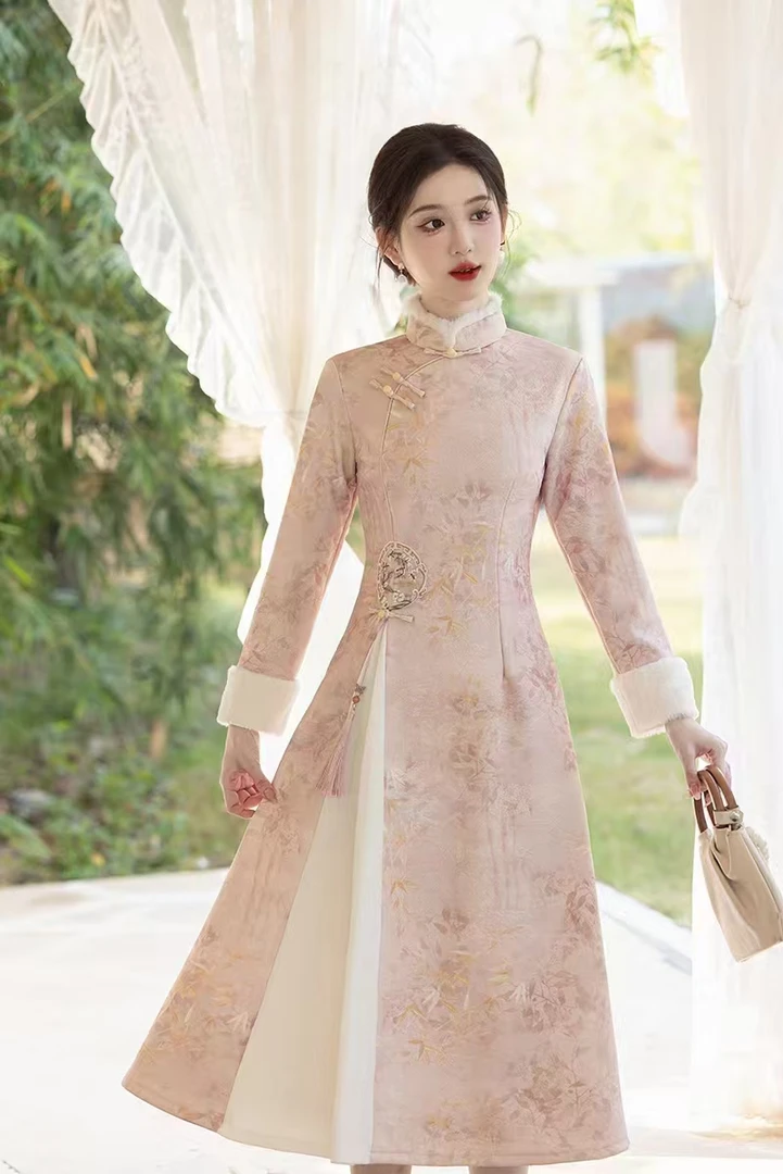 粉色A版高端正宗新中式中国风改良旗袍连衣裙年轻款小个子女装冬