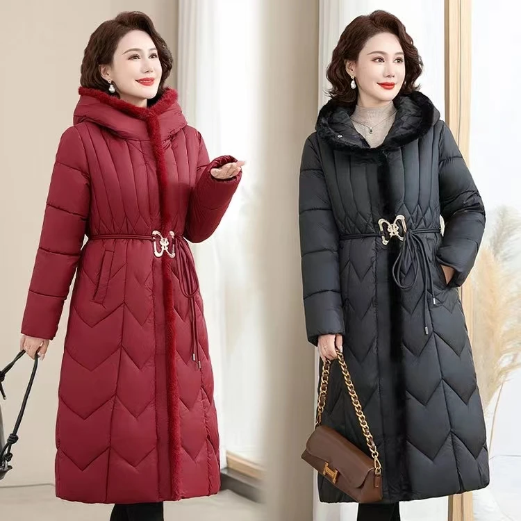 冬季新款中老年妈妈时尚装加厚保暖中长款棉服连帽款显瘦棉衣