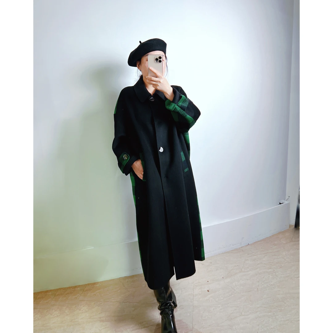 MEET MOS【格子控】秋冬中长款廓形宽松羊毛大衣-8076