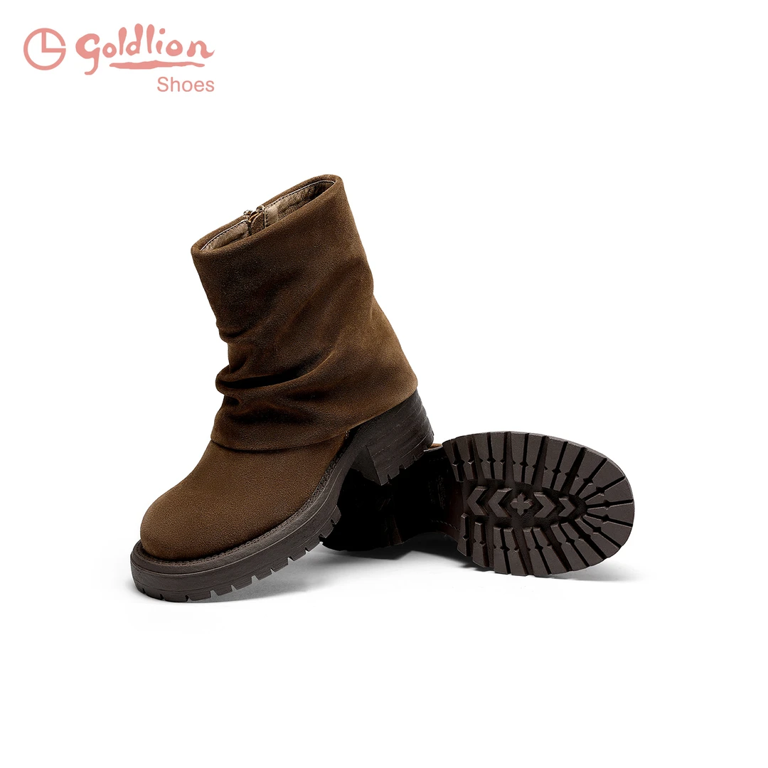 金利来女鞋2024新款秋冬百搭时尚套筒美拉德双层牛皮靴G670440229