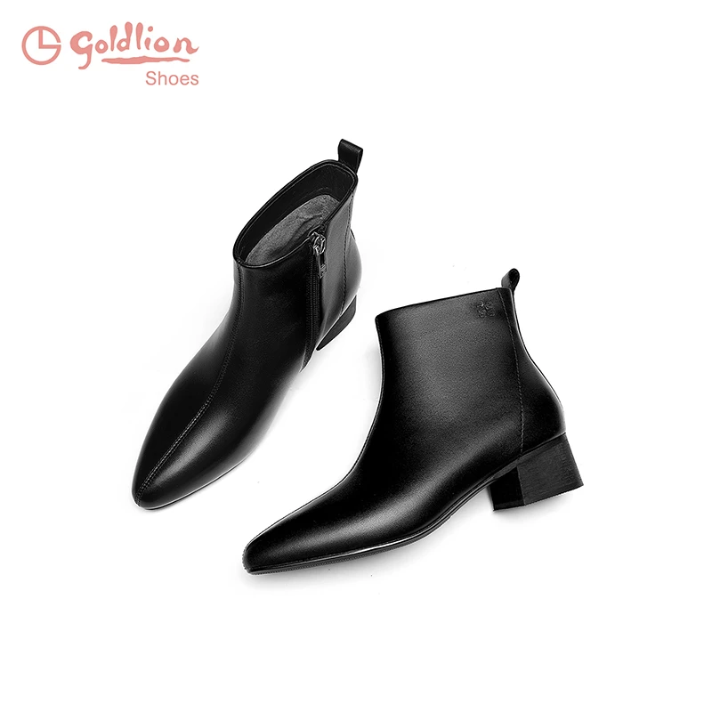 金利来新款优雅尖头短靴百搭短筒时尚真皮粗跟时装靴G686440189