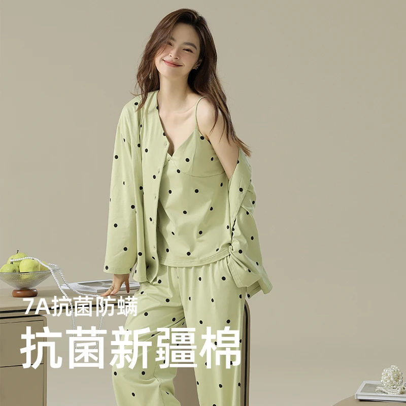 如焦秋冬新款女士睡衣三件套爆款长袖长裤吊带舒适时尚性感家居服