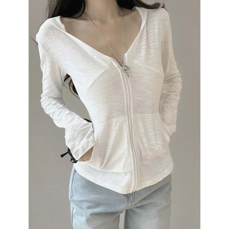 纯棉秋季薄款美式长袖上衣女连帽卫衣紧身修身显瘦外套开衫辣妹风