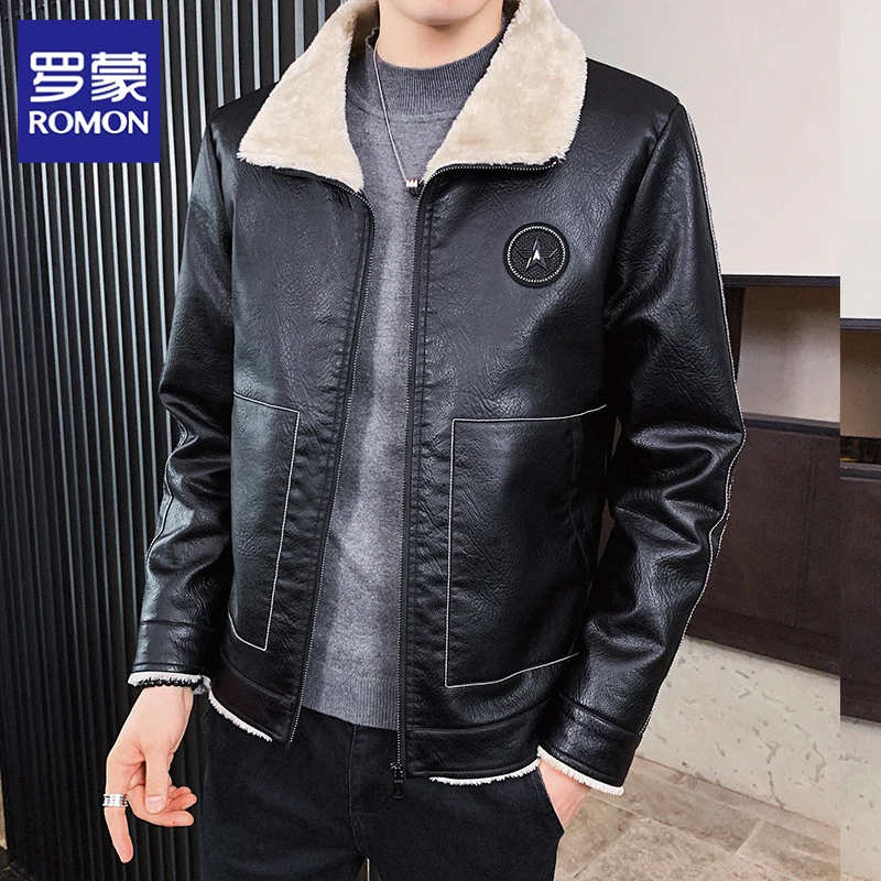 Romon/罗蒙皮夹克外套男秋冬款时尚翻毛领加厚加绒水洗皮修身皮衣