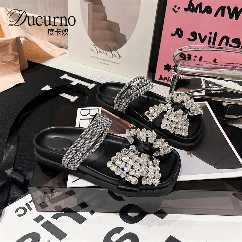 DUCURNO度卡奴 凉鞋托女2025年夏季蝴蝶结水钻一字露趾拖鞋女鞋子