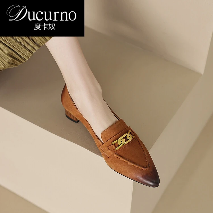 DUCURNO度卡奴尖头百搭金属扣中口女鞋2024新款夏季外穿黑色单鞋
