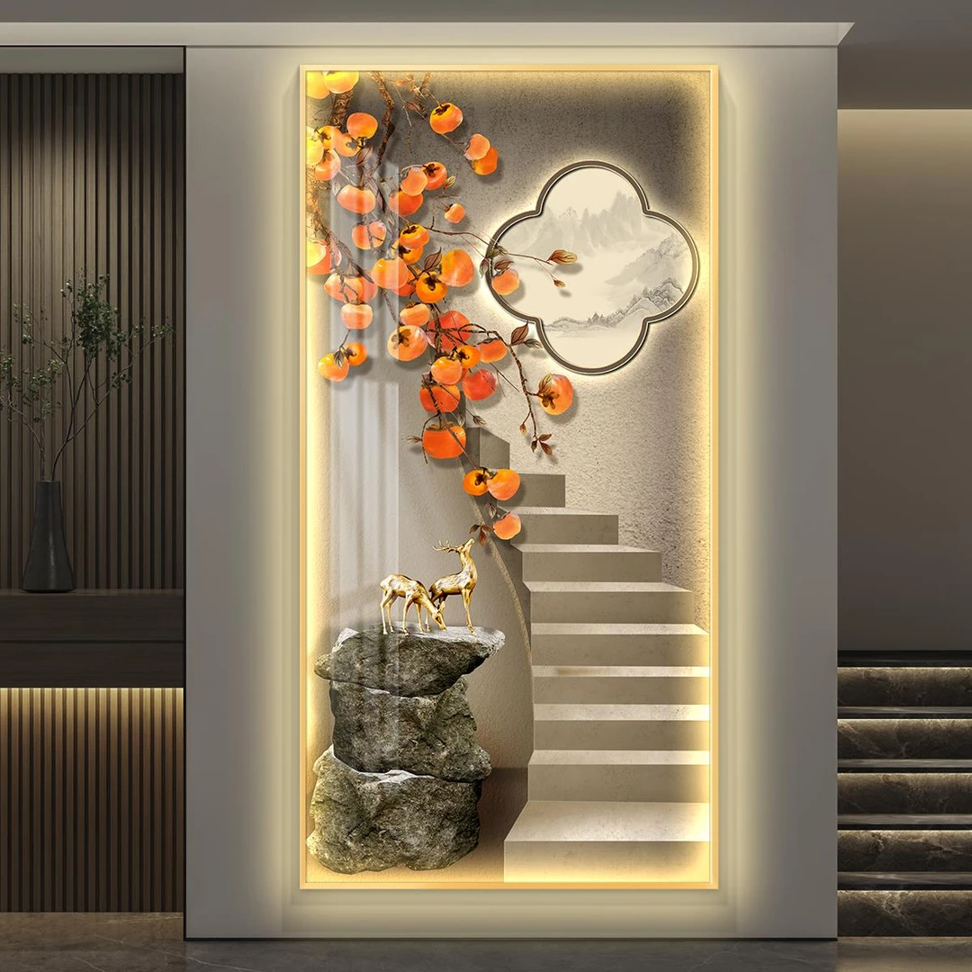 步步高升led带灯轻奢入户玄关装饰画走廊过道壁画挂画简约现代