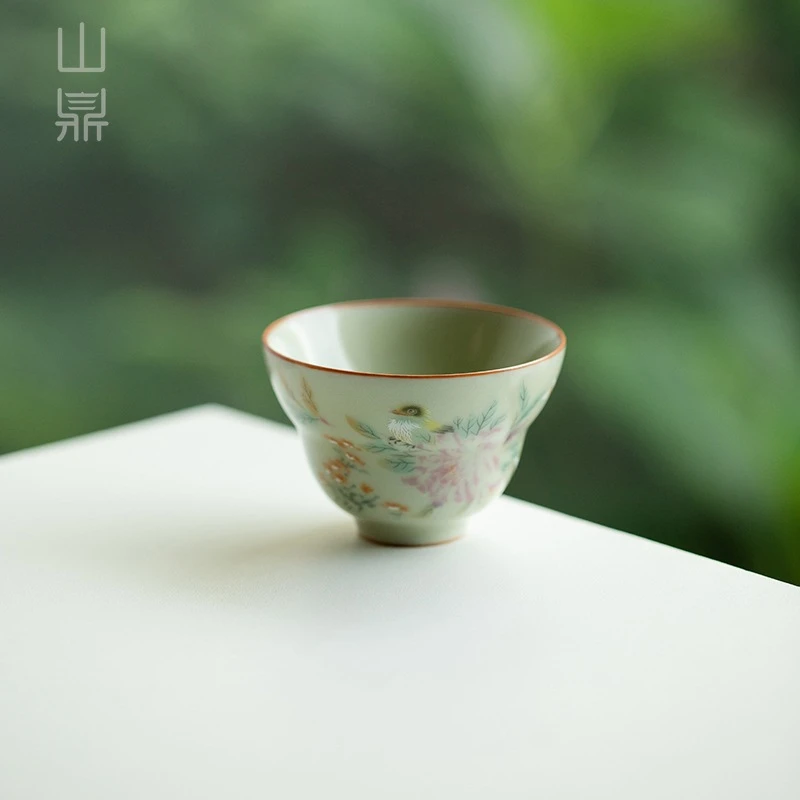 秘黄汝窑开片主人杯花鸟茶杯家用陶瓷喝茶杯单杯品茗杯办公泡茶杯