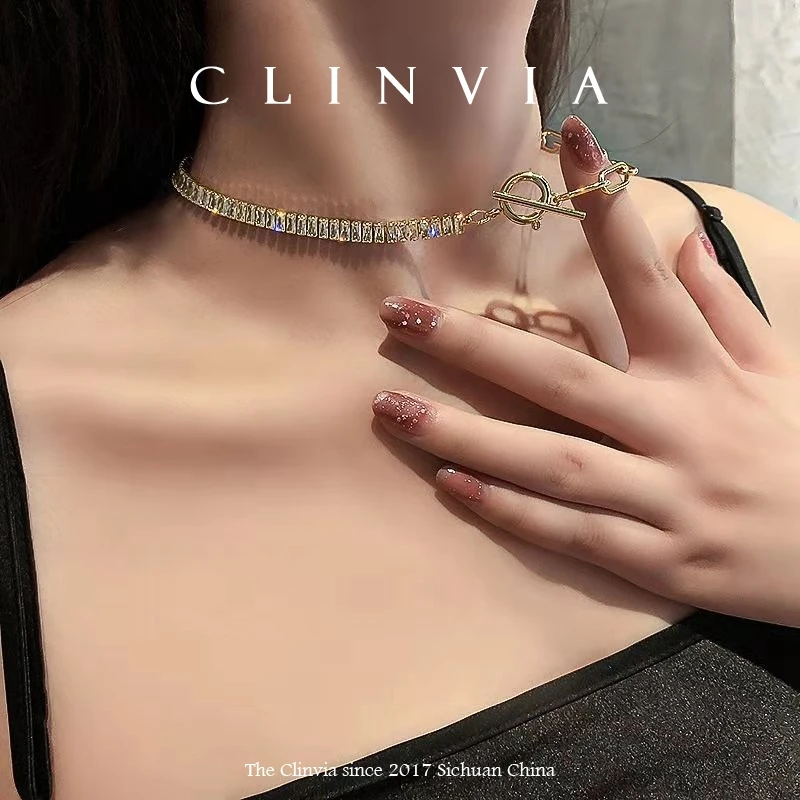 CLINVIA/克莉维娅 铜合金合成锆石项链 链条拼接OT扣短款颈链