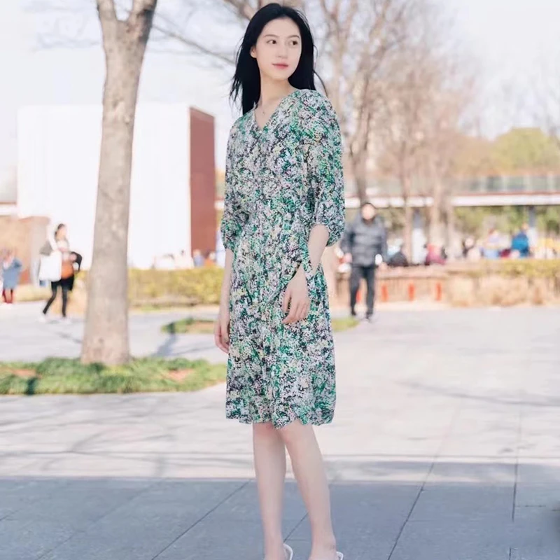 小禾2024夏季新款双层桑蚕丝双绉印花连衣裙