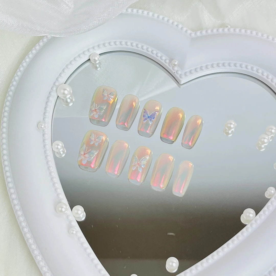 氛围感蝴蝶极光穿戴甲温柔仙气美甲可重复使用纯手工指甲片（bk52）