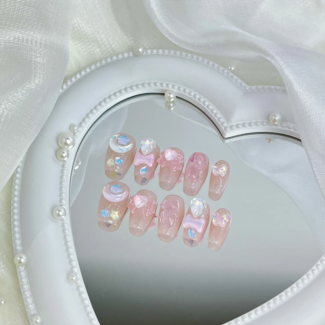 可爱少女风穿戴甲温柔显白美甲纯手工制作可重复使用指甲片（bk58）